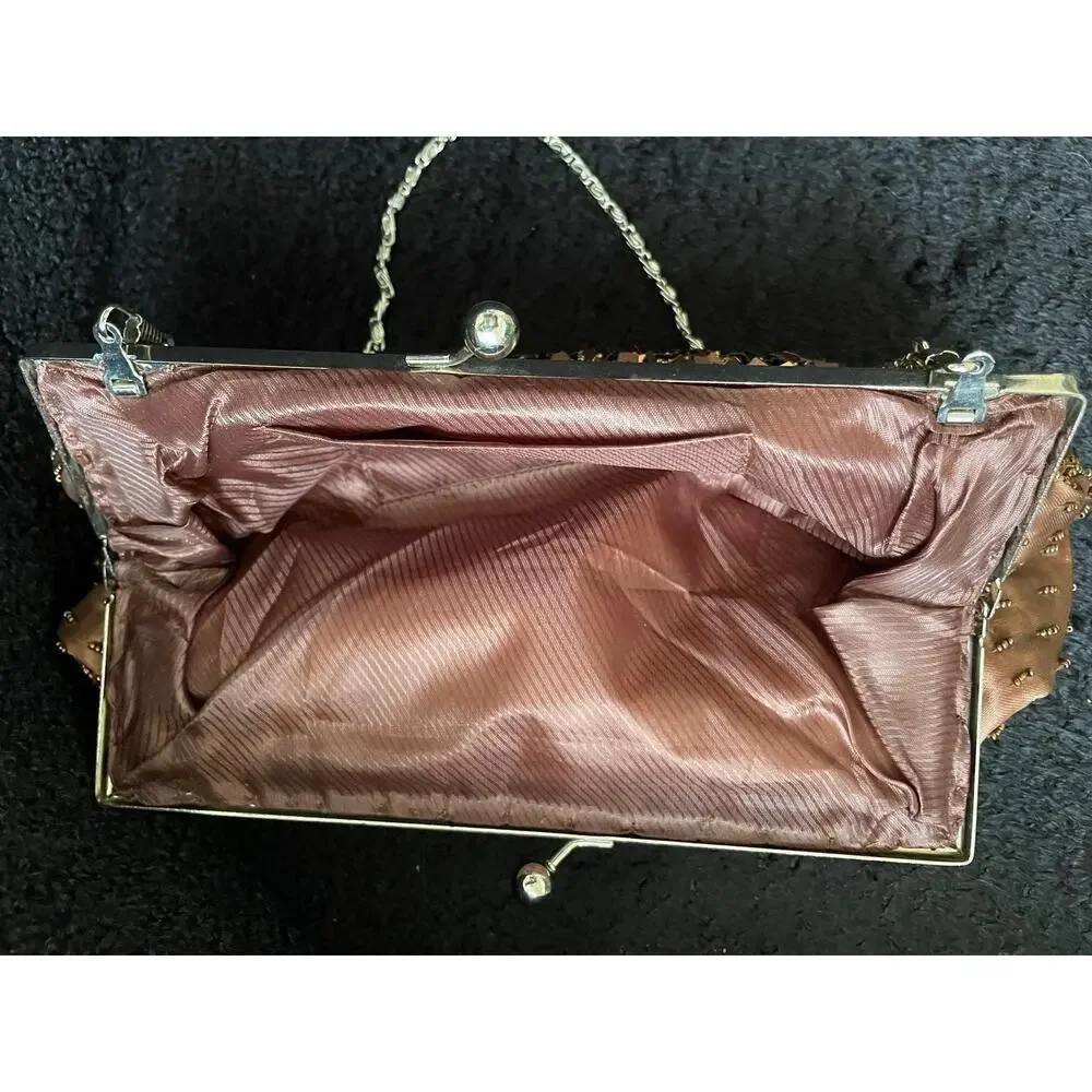 Vintage Brown Bronze Sequin Beaded Clutch Bag Brown Metallic Evening Purse